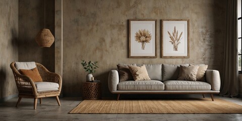 Mockup frame in nomadic boho interior background with rustic decor, 3d render	
