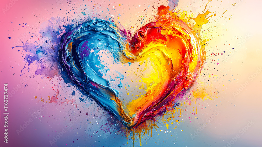 Poster a heart shape formed by swirling blue and orange colors, merging together. this artwork reflects emo