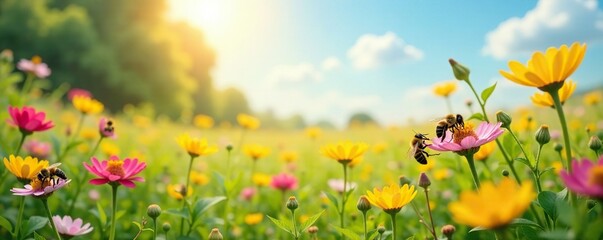 Sunny meadow with colorful wildflowers and bees, wildflowers, bees, pollinators