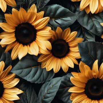 Vintage seamless pattern featuring sunflowers and detailed close up leaves for design projects