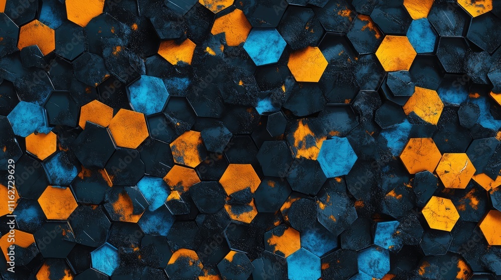 Poster Black, blue, and orange hexagonal background pattern, 3D render. Geometric and futuristic design for tech-focused visuals. Eye-catching textures for digital projects.