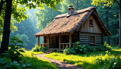 Thatched roof blends with forest surroundings, cabin, natural
