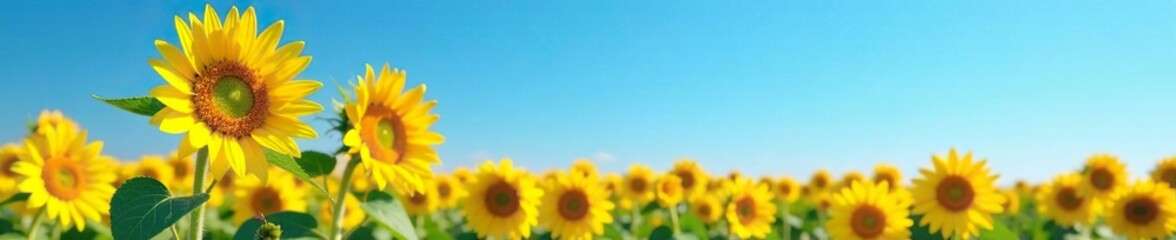 Fototapeta premium The big and bright sunflower blooms in the middle of an empty open field under the brilliant blue clear sky, solitude, isolated, bloom