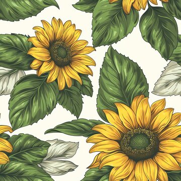 Vintage seamless pattern featuring sunflowers and detailed close up leaves design