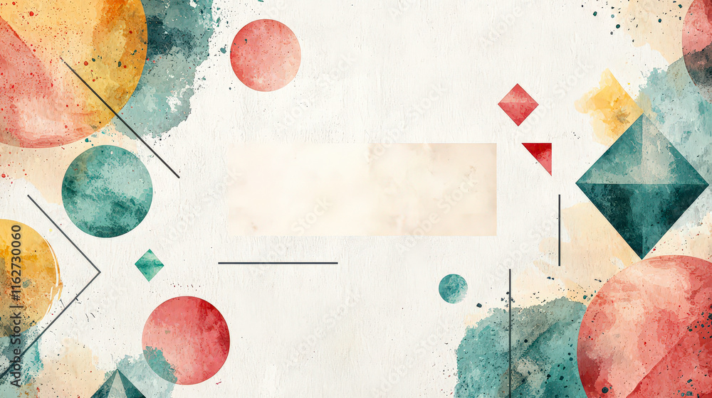 Poster This artwork features an array of colorful geometric shapes and watercolor textures, creating a vibrant, artistic backdrop for various creative projects