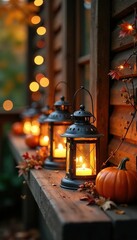 Twinkling lanterns adorn rustic wooden garland with dried flowers, autumn, dried flowers, garland