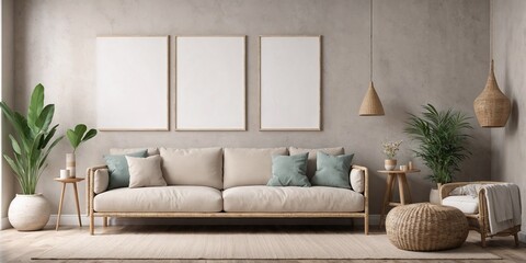 Mockup frame in nomadic boho interior background with rustic decor, 3d render	
