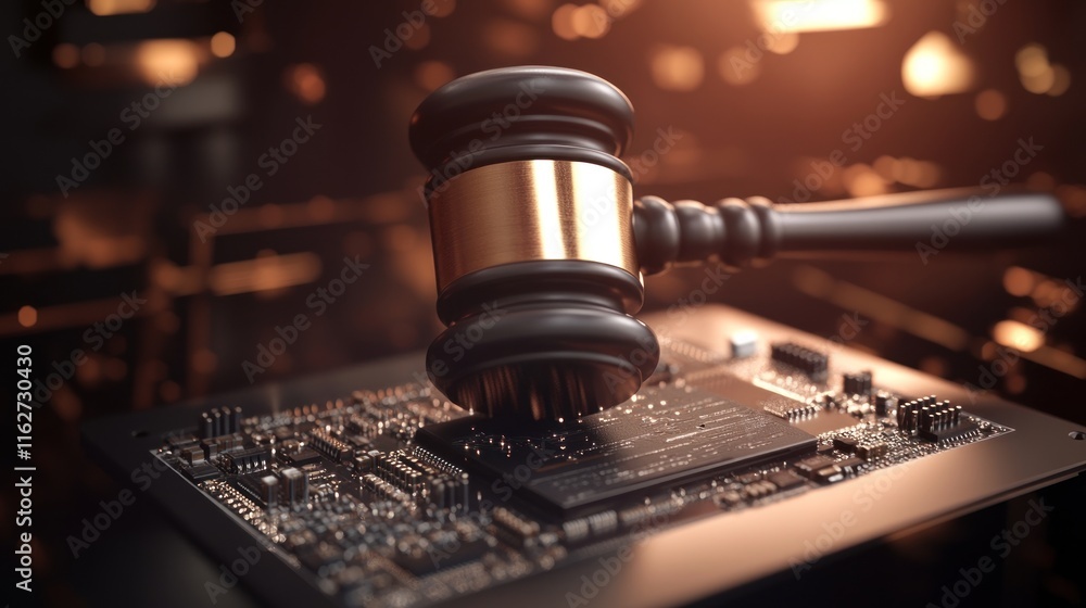 Poster a gavel rests on a circuit board, symbolizing the intersection of law and technology.
