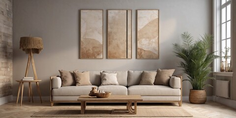 Mockup frame in nomadic boho interior background with rustic decor, 3d render	
