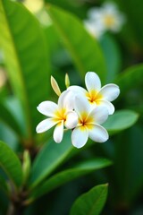 Fototapeta premium White frangipani blossoms in the background of a tree's foliage, exotic, blossom
