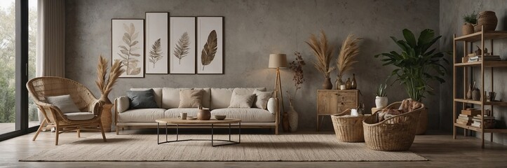 Mockup frame in nomadic boho interior background with rustic decor, 3d render	

