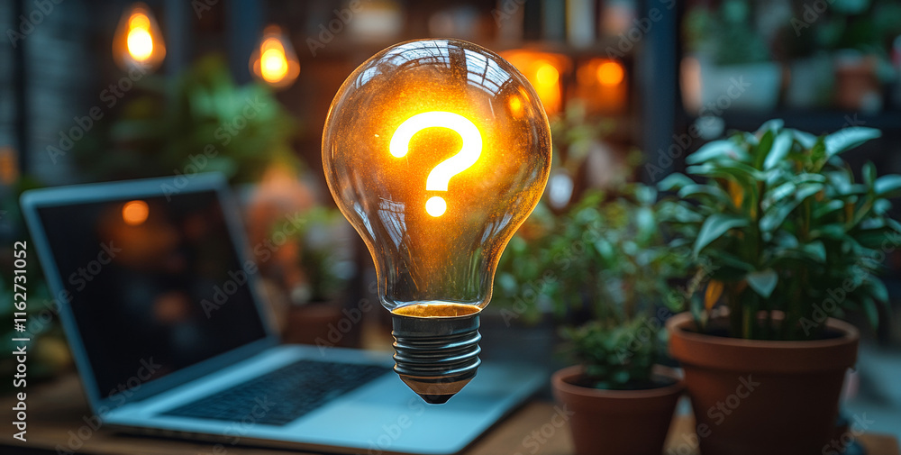 Poster a light bulb with a question mark on it is floating above a laptop computer. the scene is set in a r