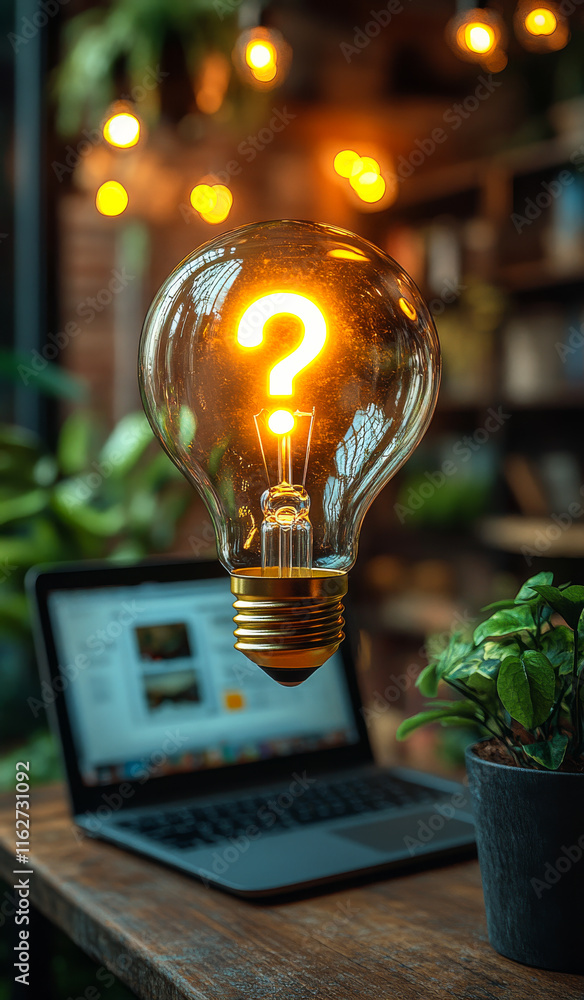 Poster a light bulb with a question mark on it is lit up and placed on a table next to a laptop. concept of