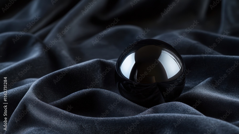 Aufkleber a glossy black sphere resting on a textured dark fabric, creating a serene visual contrast.
