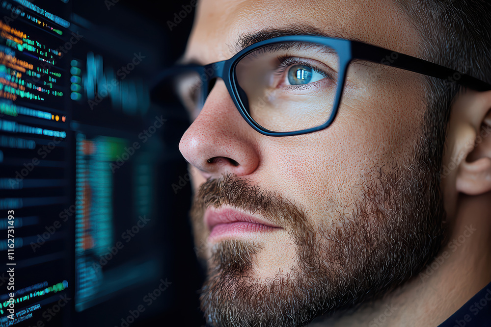 Poster focused software developer analyzing code on screen, deep in thought