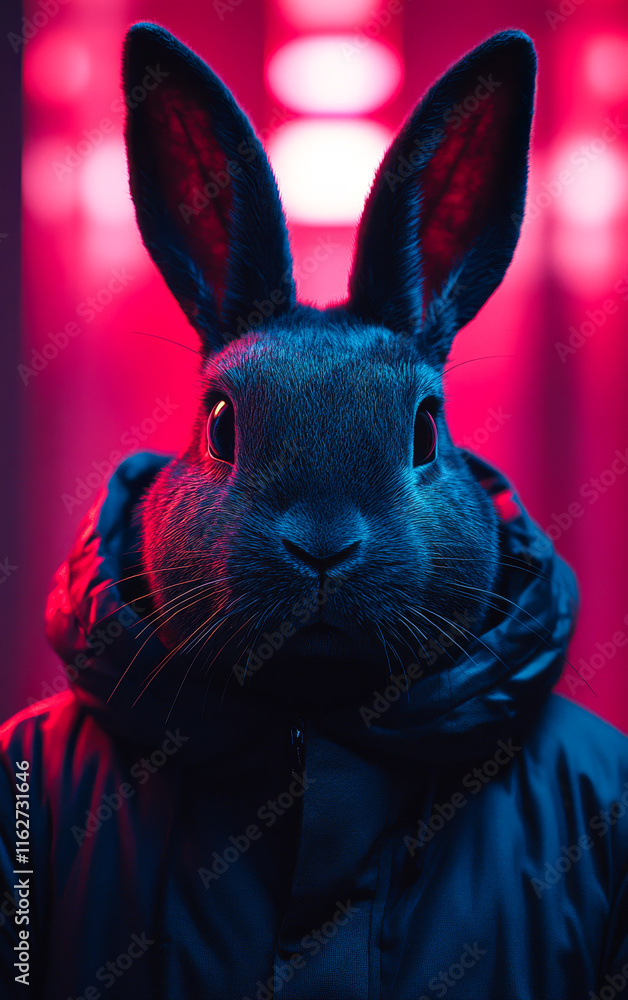 Poster a rabbit is wearing a black coat and looking at the camera. the rabbit is the main focus of the imag