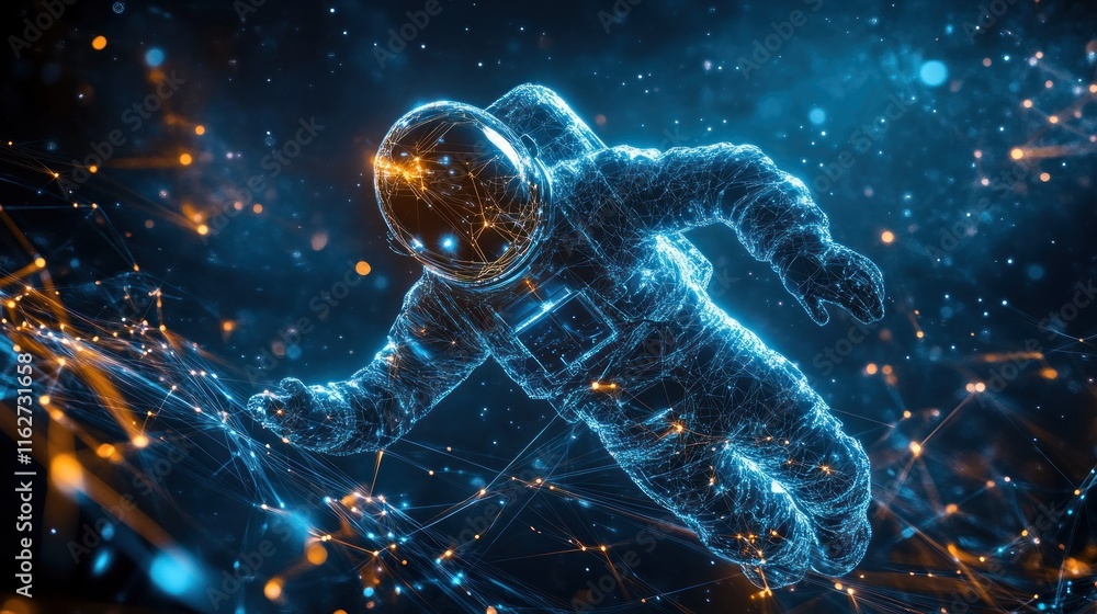 Aufkleber a glowing digital representation of an astronaut floating in a cosmic environment.