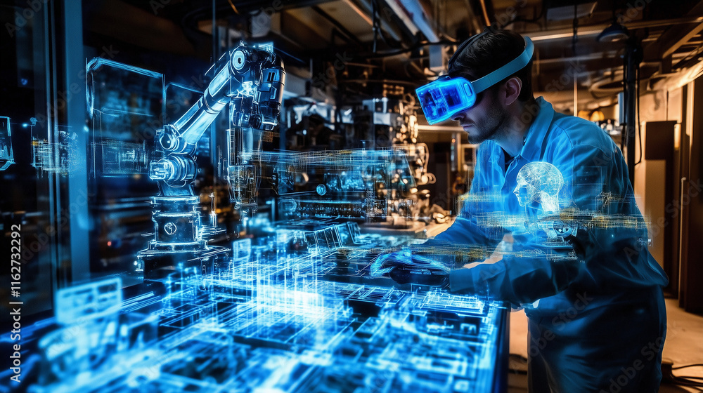 Poster the future of engineering: a futuristic vision of a scientist immersed in virtual reality, interacti