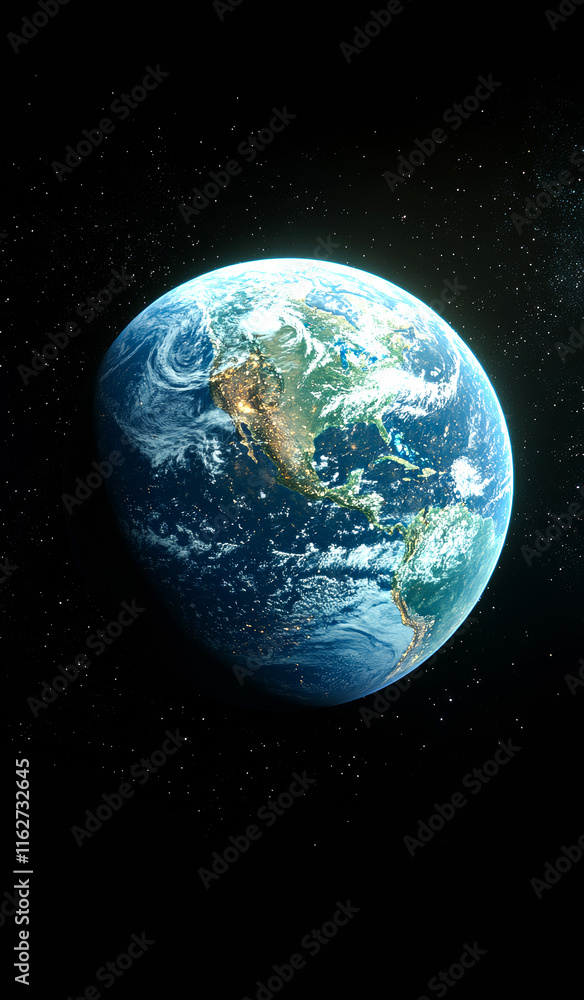 Poster a close up of the earth with a black background. the image is of a planet with a blue and white colo