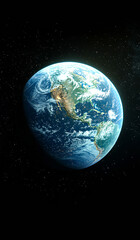 Fototapeta premium A close up of the Earth with a black background. The image is of a planet with a blue and white color scheme