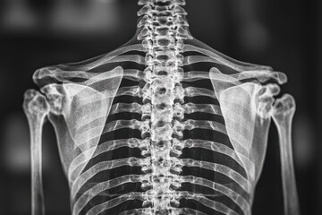 This visual representation displays an x-ray of a human skeleton focusing on the spine and shoulder region, emphasizing bone structure and connectivity.