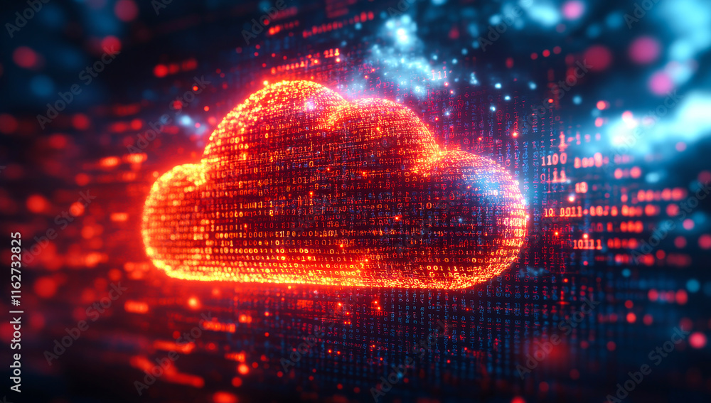 Poster a cloud of data is displayed in a bright red color. concept of technology and innovation, as well as