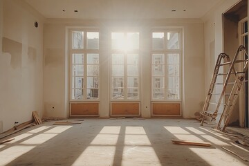 Obraz premium Bright room under construction, sunlit, with ladders.