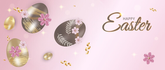 Pink background with 3d eggs and text for Easter holiday. Vector 10eps