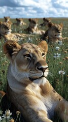 Golden Mane. Close up lioness lying wildflowers pride savannah grassla
