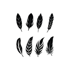 Bird Feather black silhouettes. Plume let collection. Vector isolated on feather icons. Vector silhouettes of vintage black quill pens, fluffy angel wing plumes.