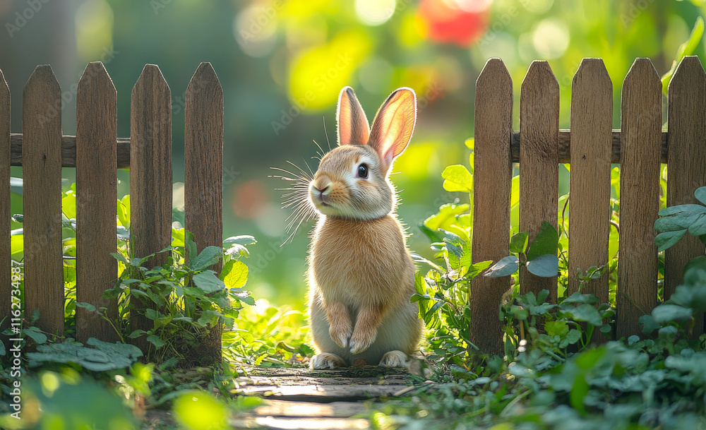 Poster a rabbit is standing in front of a wooden fence. the rabbit is looking at the camera and he is curio