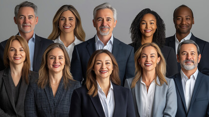 A team of business professionals stands in two rows, all smiling confidently in formal attire, showcasing their diversity and teamwork