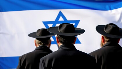 A group of men wearing black hats stands solemnly before a large Israeli flag, symbolizing their connection to culture and community during a festive gathering in Israel, showcasing unity