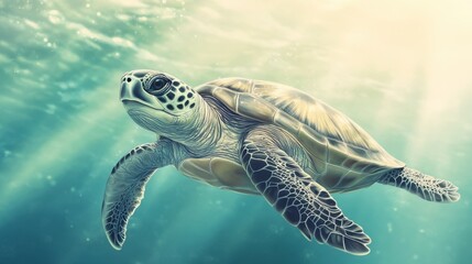 Fototapeta premium Serene Sea Turtle Swimming in Sunlit Ocean - Underwater Wildlife Art