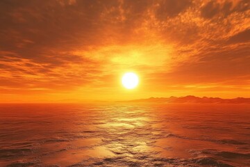 Fototapeta premium A breathtaking sunset casts brilliant shades of orange and gold over the calm ocean waters. The sun sinks below distant mountains, creating a serene atmosphere at dusk.