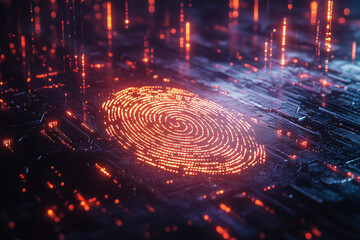 A human footprint illuminated with neon lights, intertwined with lines of encrypted code, dark background. Data protection.