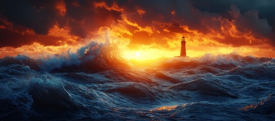 Obraz premium Lighthouse amidst stormy ocean waves during dramatic sunset.