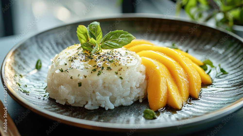 Poster coconut sticky rice is served with ripe mango slices and a touch of mint, creating a delightful trop