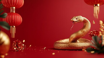 Chinese New Year art with golden snake and traditional red lanterns