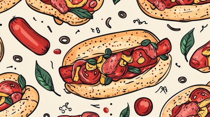Hand draw hot dog, pizza. colorful pattern background. Fast food seamless vector pattern. 2D styele.