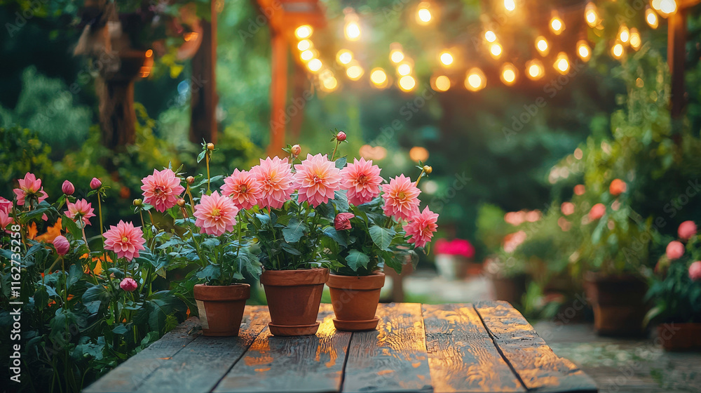 Aufkleber a vibrant display of blooming pink dahlias in pots rests on a rustic wooden table, softly lit by glo