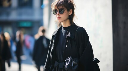 Stylish Young Woman in Black Coat, City Street, Sunglasses