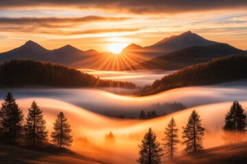 Fototapeta premium A dramatic sunrise over the Dolomites, with jagged peaks and misty valleys glowing in golden light