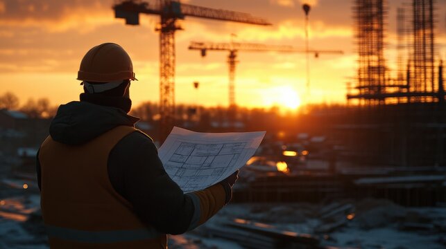 Construction worker analyzing plans at sunset on a job site industrial environment perspective on project development