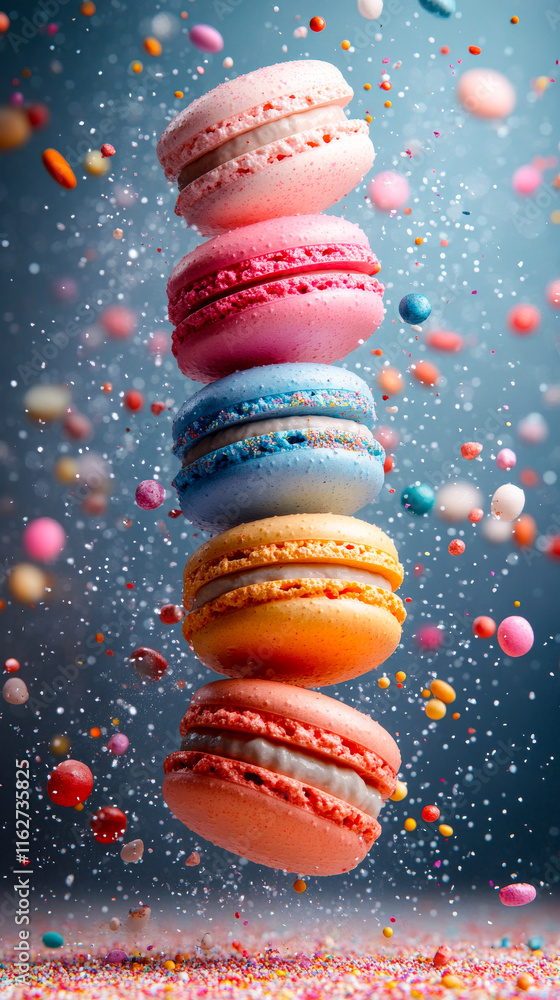 Poster a stack of colorful macarons with sprinkles on top. the macarons are in different colors and are pil