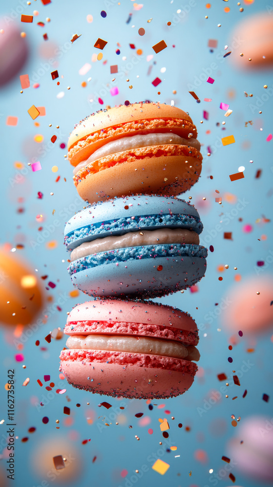 Poster three macarons stacked on top of each other with colorful sprinkles falling around them. concept of 