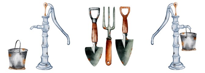 Vintage garden tools and water pump illustrated for rustic home decor ideas