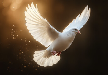 Fototapeta premium A white dove is flying in the air. The image has a peaceful and serene mood, as the dove is a symbol of peace and freedom
