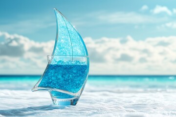 A sail-shaped glass filled with ocean breeze blue cura? section ao, sailing on a white sea.