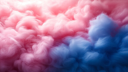 Fototapeta premium Fluffy Eco Fur Background in Baby Pink and Blue Colours, Cotton Candy Wool Abstract Texture, Soft Pastel Cloud-like Patterns, Dreamy and Whimsical Mood for Creative Design and Craft Projects